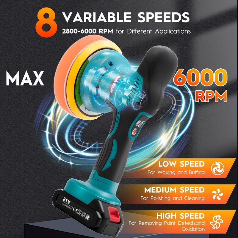 Ofeace Cordless Car Buffer Polisher Kit with 2x21V Batteries, 6 Inch Car Polisher with 8 Variable Speed Max 6000RPM & 21 PCS Attachments, Buffer Polisher for Car Detailing, Sanding, Scratch Removing - Image 2